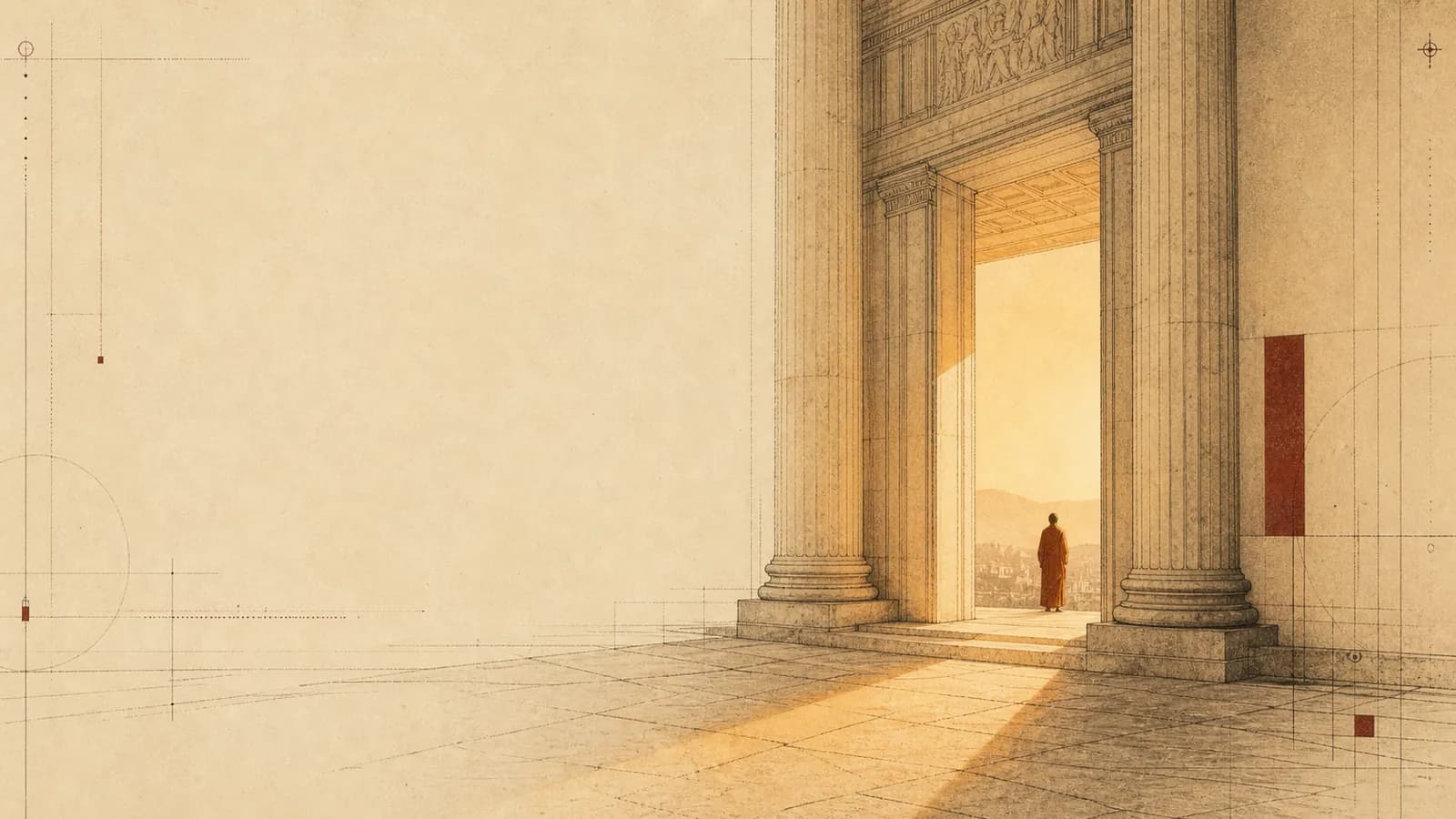 A lone figure crosses the threshold of a classical portico into a sunlit city, drawn as a warm architectural study.