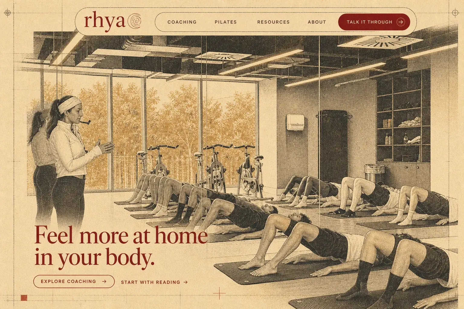 The Rhya homepage capture: the wordmark and navigation, the hero headline on the left, and a photograph of the coach on the right.